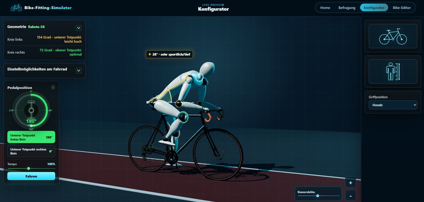Interaktiver Bikefitting-Simulator mit 3D-Fahrradmodell